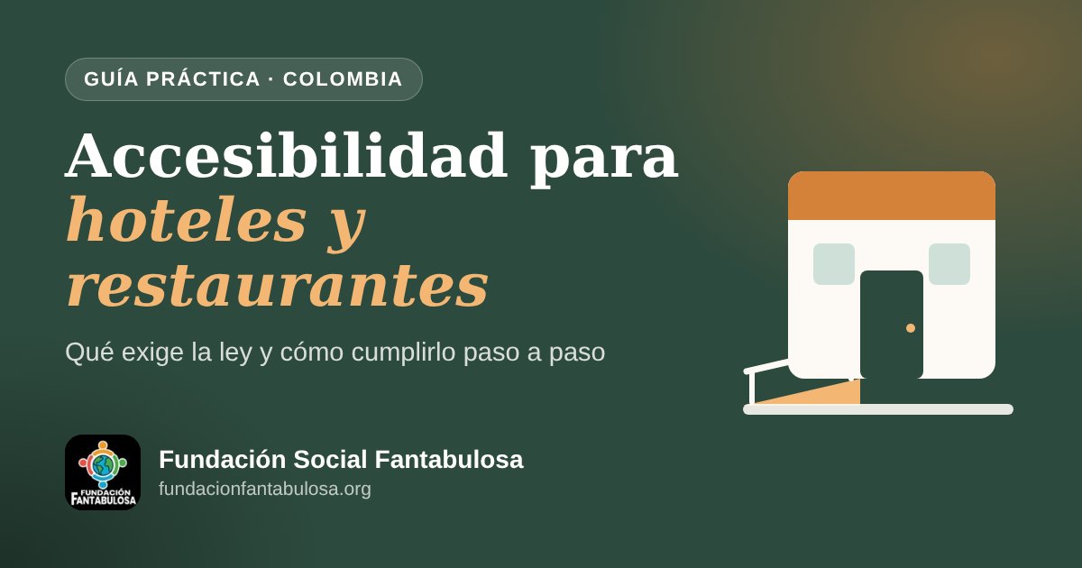 Ilustración de la fachada de un establecimiento con rampa de acceso junto al título: Accesibilidad para hoteles y restaurantes